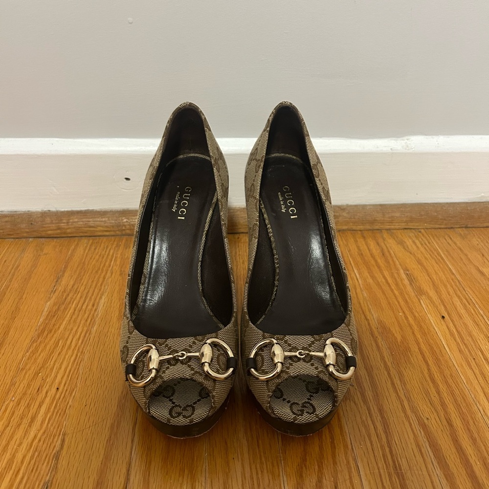Gucci Brown Monogram Peep Toe Platform Heels